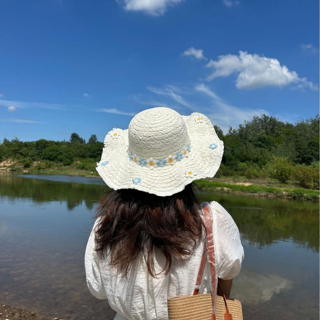 French Small Daisy Large Brim Breathable Straw Hat Women's Summer Seaside Vacation Woven Hat Raffia Sun Hat Tide