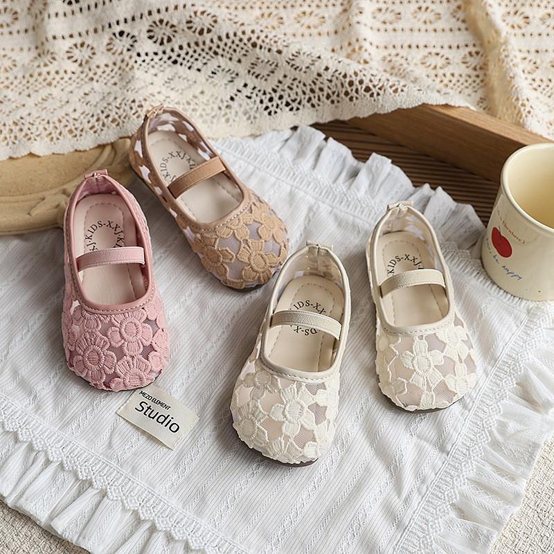 Girls Flat Mesh Sandals With Lace Flower Detail Mary Jane Style Toddler To Kid