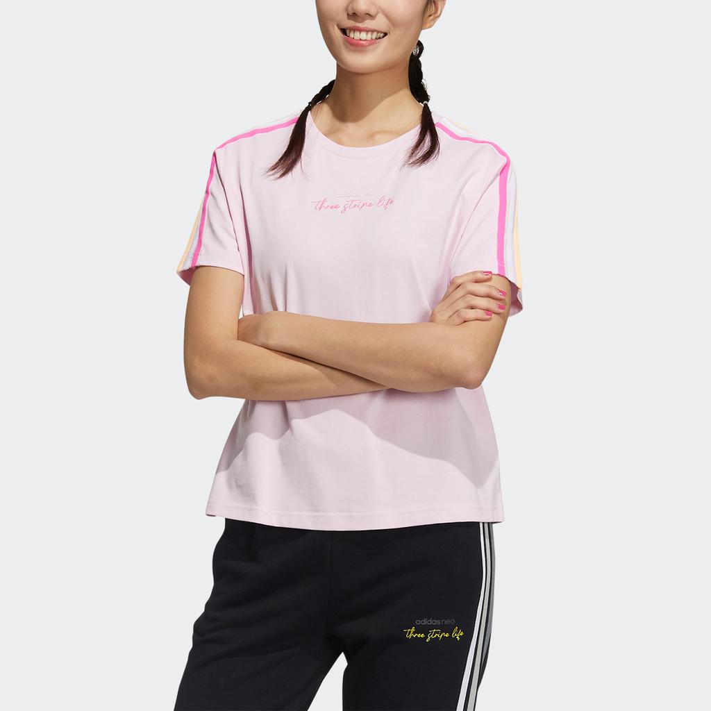 Adidas Neo Striped Sports Loose Round Neck T-Shirt Women Tops Pink GP5530