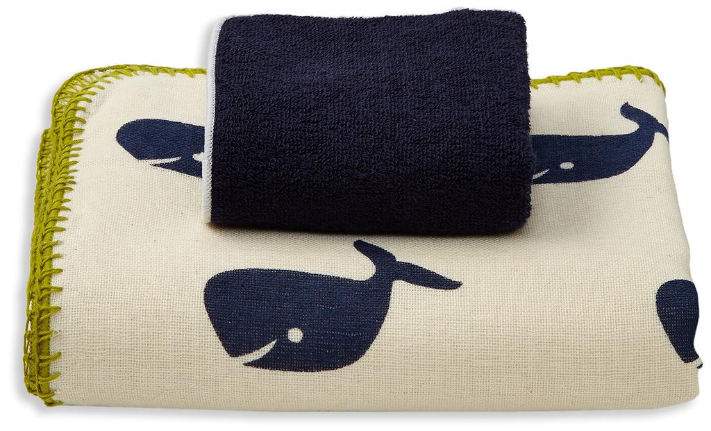 Nishikawa Towel Gift Set Short Bath and One Towel Urban Elk Blue with Whale Print (One Towel, 60x100cm, Handkerchief, 20x20cm)