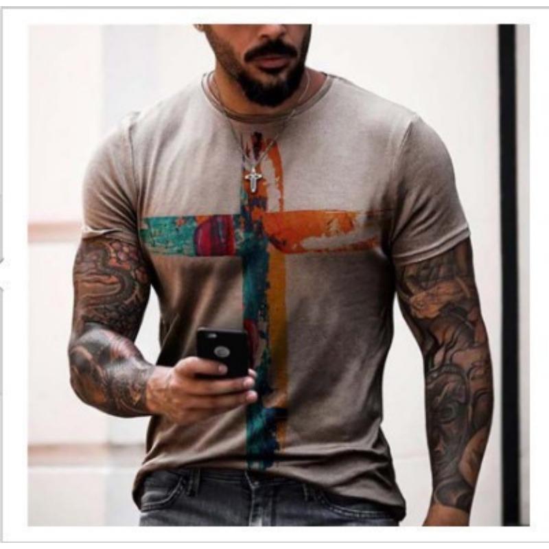 Men's T-shirt with Cross Print Round Neck Short Sleeved Street Fashion T-shirt