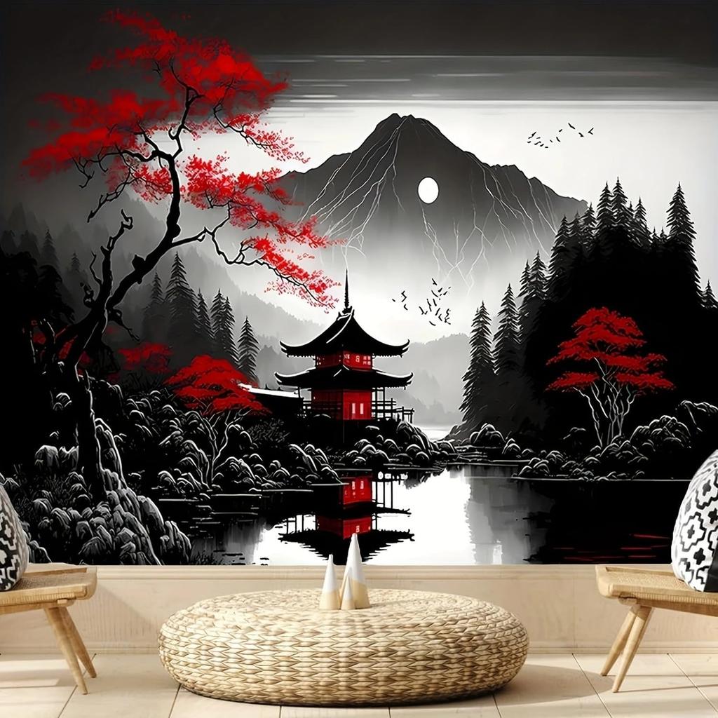 Japanese Pink Sakura Tapestry Cherry Blossoms Temple Mountain Fuji Japan Wall Hangings Tapestry for Bedroom Living Room Dorm