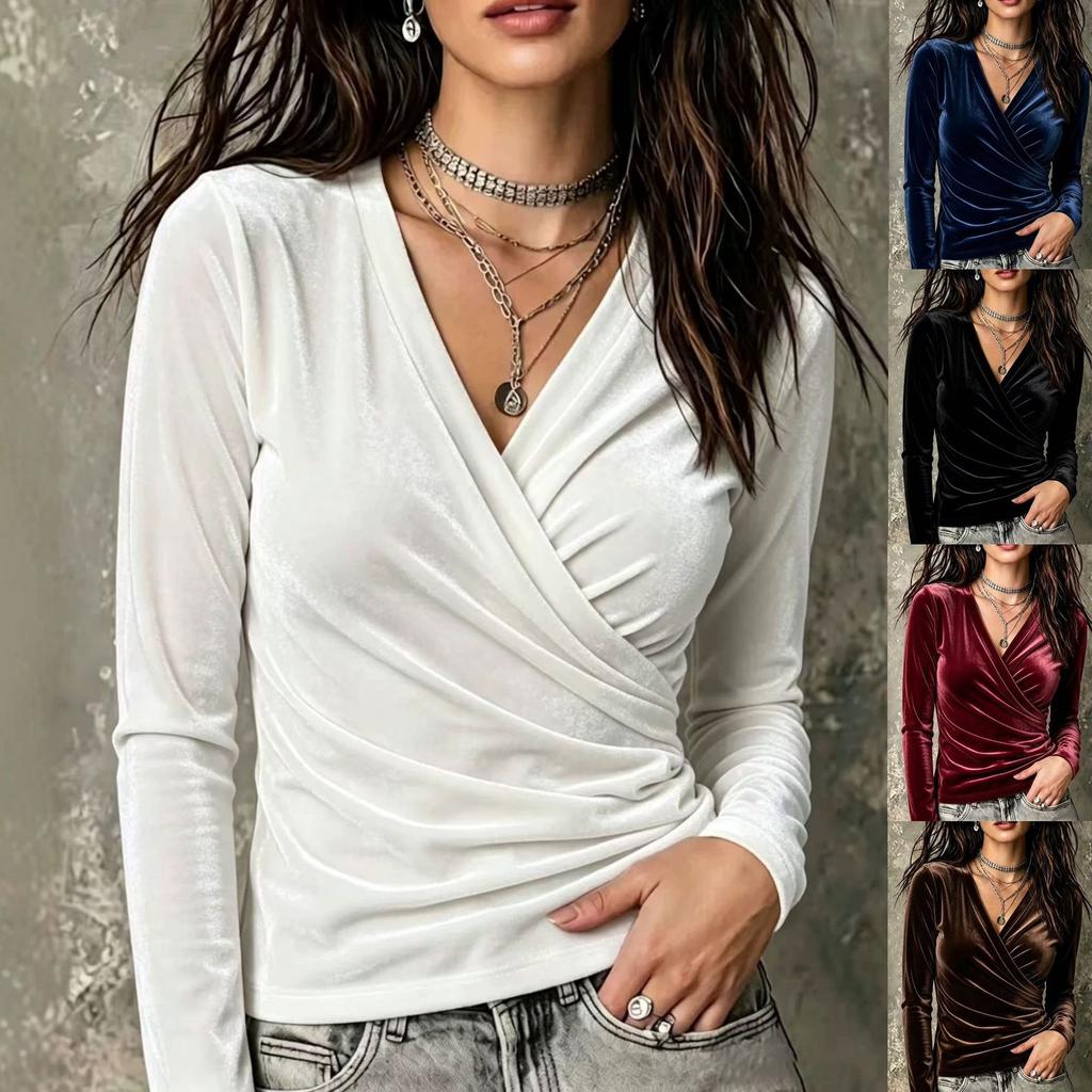 Fall New Style Women's Cross V-neck Pleated Long-sleeved T-shirt Casual Top