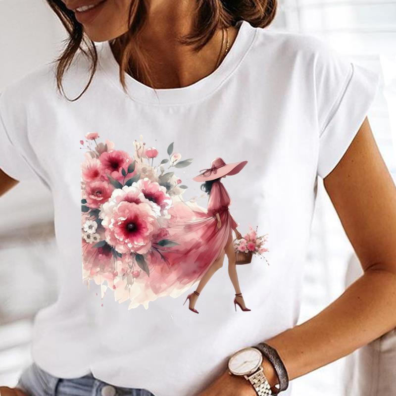(Asian Size) Flower Trend Lovely Women Lady Female Top Printed Tee Summer Clothing Casual T Shirt Fashion Graphic Short Sleeve T-shirts