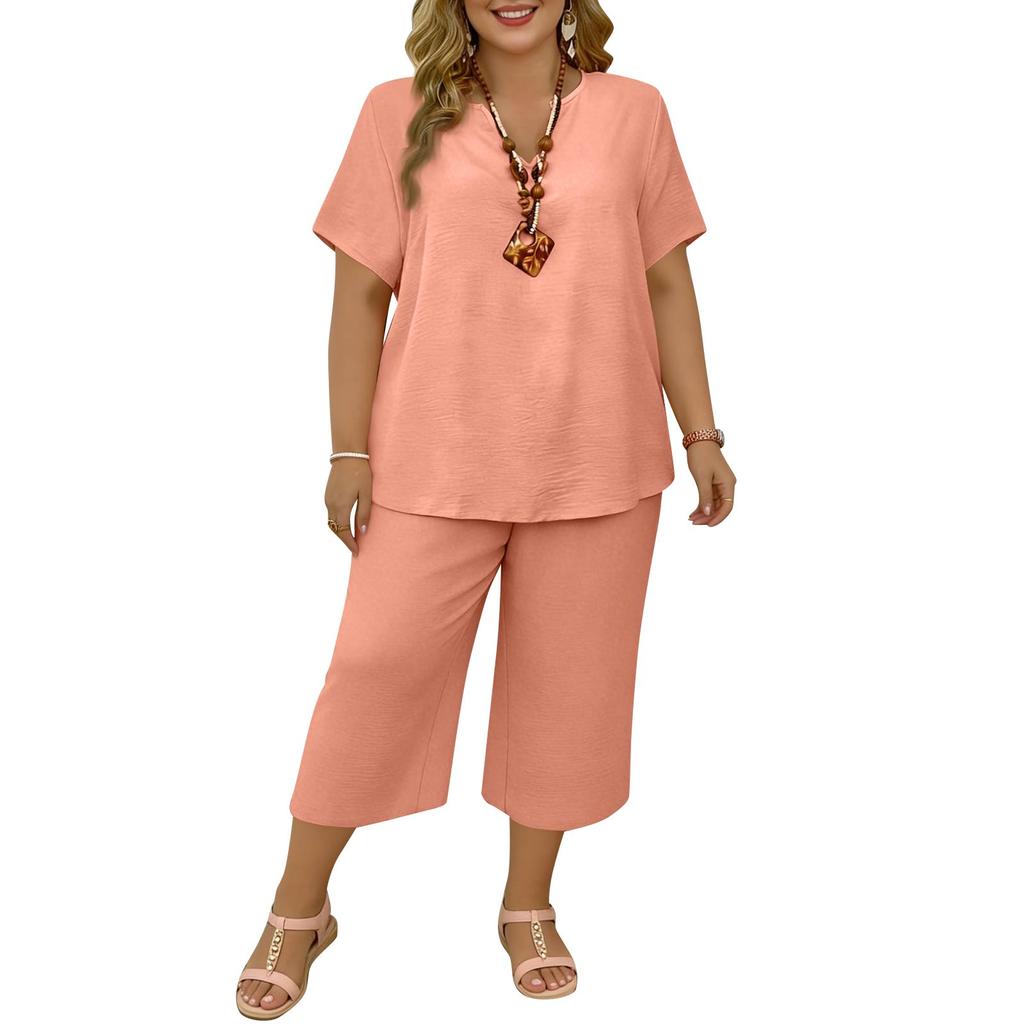 Women's 2,Piece Casual Color V Neck Short Sleeve Top And Wide Leg Pants Set