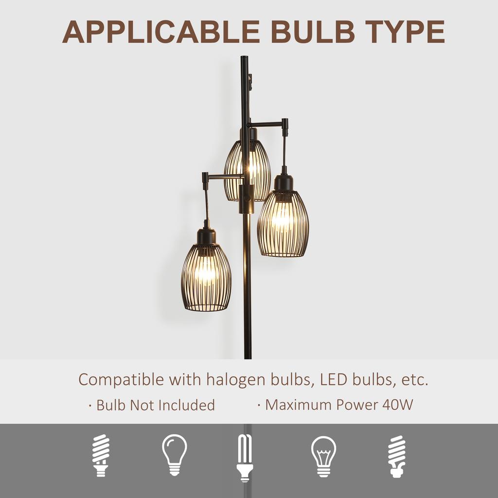 3-Light Floor Lamp, 170cm Industrial Dimmable Standing Lamp with Steel Wire Cage Lampshades for Living Room, Bedroom, Dining Room, Study