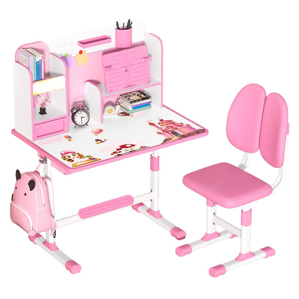 2Pcs Kids Study Desk Chair Set Height Adjustable Tiltable Desk And Chair School Study Desk And Chair Bedroom With Foot Pedal