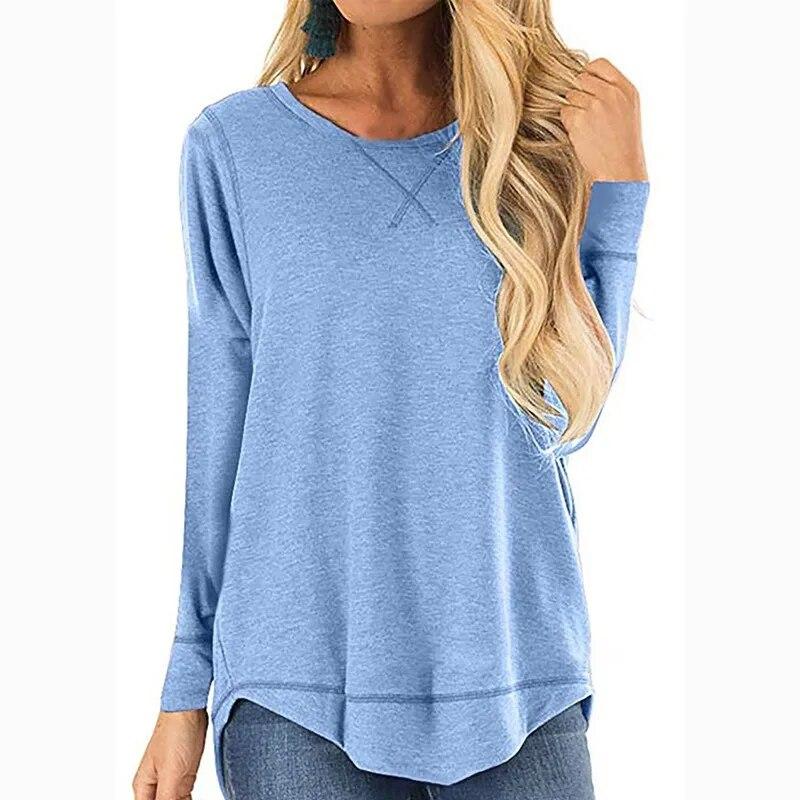 

Модная футболка с длинным рукавом и круглым вырезом, женская однотонная свободная повседневная футболка, женский элегантный офисный женский пуловер, футболки, топы 30770 XXL небесно-голубой