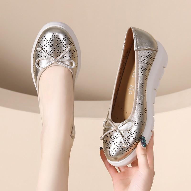 Mode 2025 Neue Ultraleichte Schleife Sommer Einzelne Schuhe Weiche Sohle Oma Schuhe Plateau Ausgehöhlt Übergröße Damenschuhe