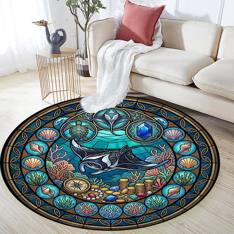 Marine Life Glass Round Area Rug Under Office Chairs Bedroom Living Room Home Decor