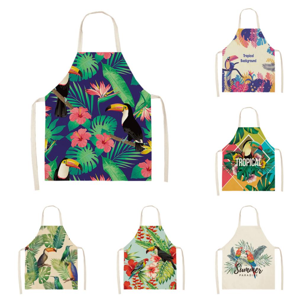 Color Bird Pattern Cleaning Art Green Aprons Home Cooking Kitchen Apron Cook Wear Cotton Linen Adult Bibs garden apron 68x55cm