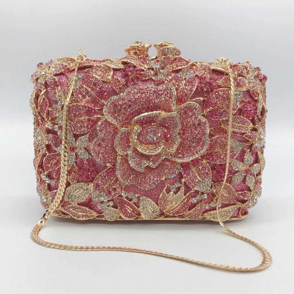 WHTUOHENG Floral White/Pink Red Diamond Wedding Women Clutch Bags Dinner Banquet Clutches Crystal Chain Evening Purses Handbags