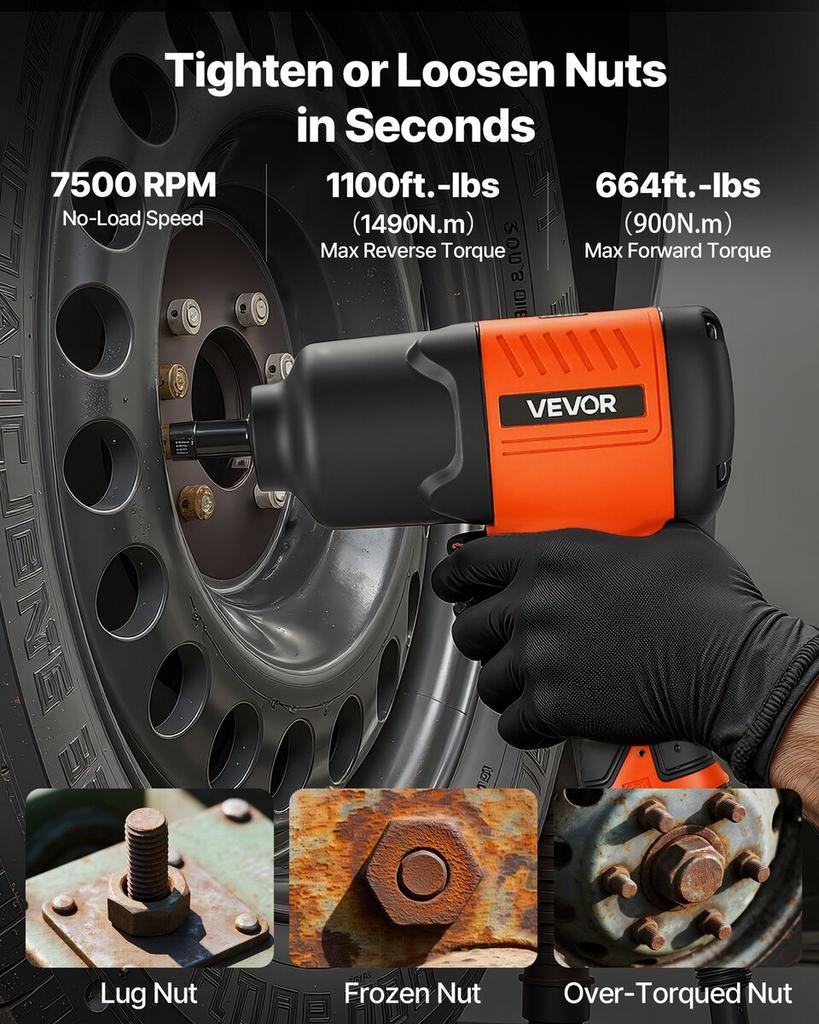 Air Impact Wrench, 1/2" Drive Pneumatic Impact Wrench Up To 1490N.m Reverse Torque, 7500RPM 4-Speed Adjustable & Lightweight Pneumatic Gun for Auto