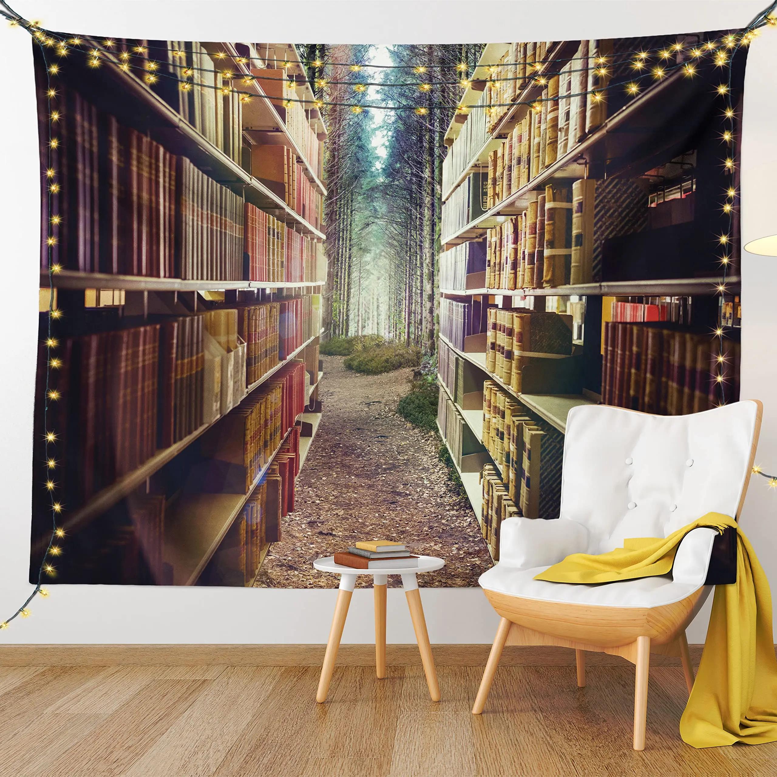 

Bookshelf Tapestry, Digital Illustration Of Abstract Design Library In Forest Academic Themed Picture, Wall Hanging Wall Decor W95xH70cm