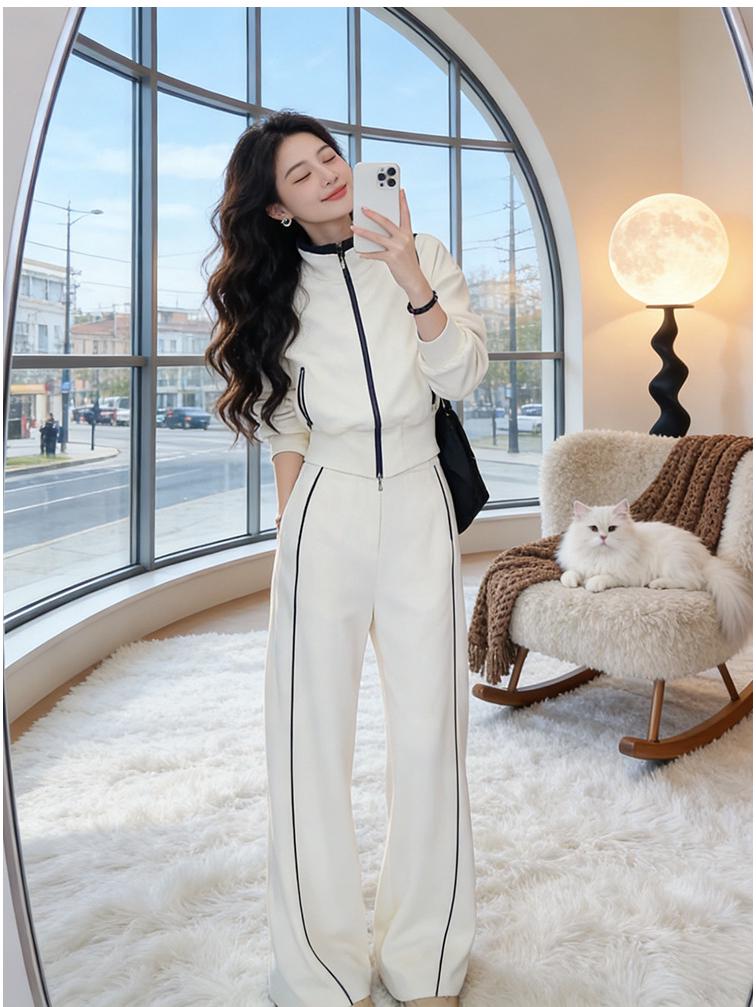 Trendy White Zipper Slimming Hoodie & Pants Set for Women - Spring/Autumn 2026 S