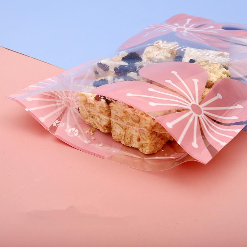 50Pcs Cherry Blossoms Flower Biscuits Snowflake Crisp Cookies Nougat Portable Self-Supporting Zipper Packaging Bags