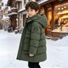 5-12 Years Kids Winter Mid-length Hooded Cotton Jacket Letter Icon Cargo Pocket Coat Boys Outdoor Windproof Sports Outerwear