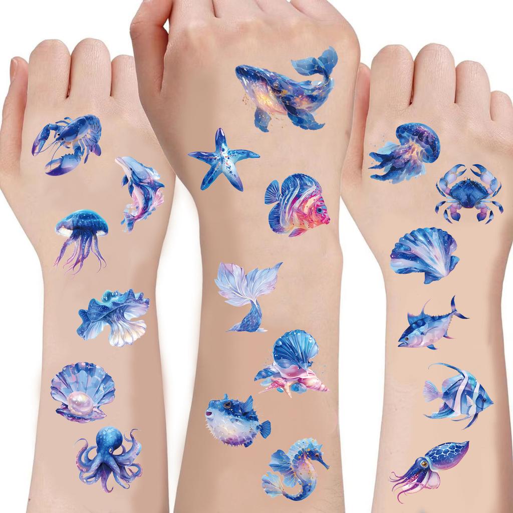 Tattoo Fake Tatoo 10Pcs Ocean Custom Body Art Arm Sea Turtle Whale Jellyfish Temporary Tattoos Sticker Blue Shark Jewelry