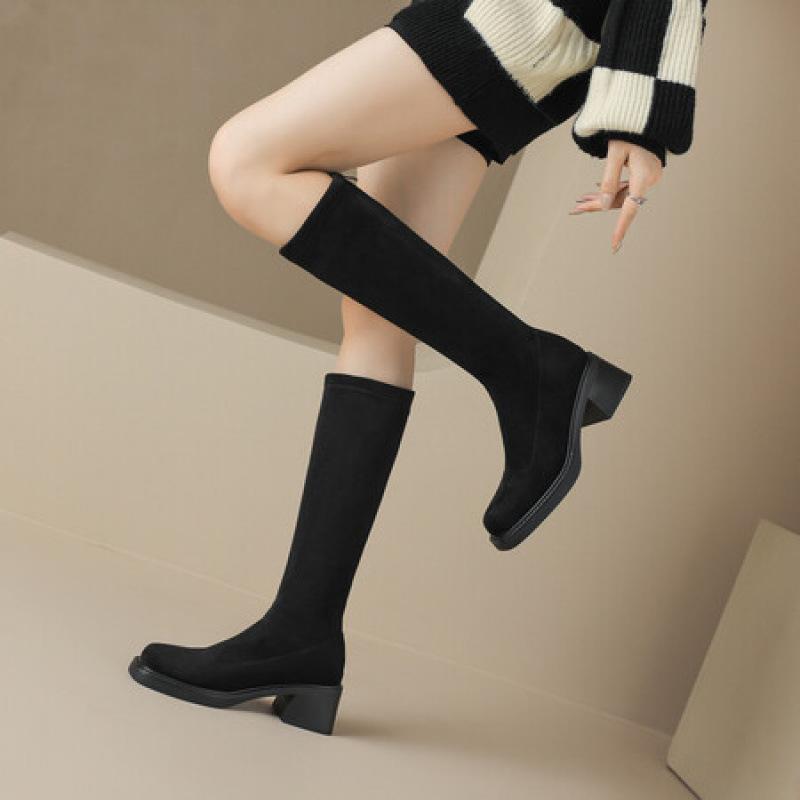 Korean version of the new suede tall boots solid color rear zipper medium heel large size women's leather boots autumn and winter round head Martin b