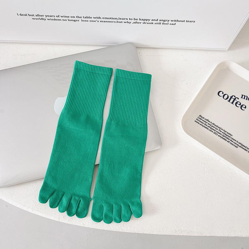 Female Spring and Autumn Pure Color Sports Deodorant Sweat Absorption High Help Breathable In The Tube Five Finger Cotton Socks