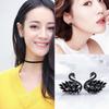 Korean Style Black & White Swan Zirconia Stud Earrings with S925 Silver Needle - Versatile & Elegant.