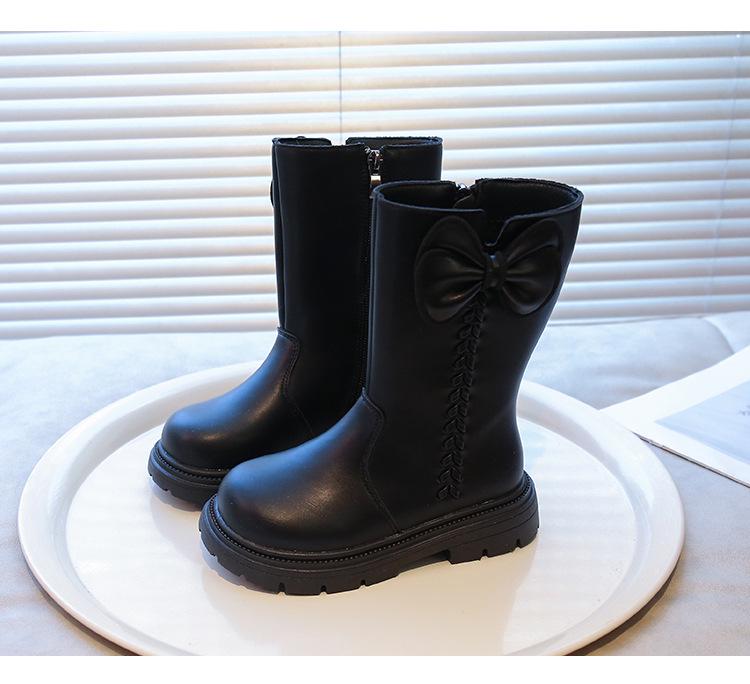 Dívčí kozačky po koleno v britském stylu s fleecovou podšívkou a mašlí - Móda podzim/zima 2025 pro malé princezny s měkkou podrážkou