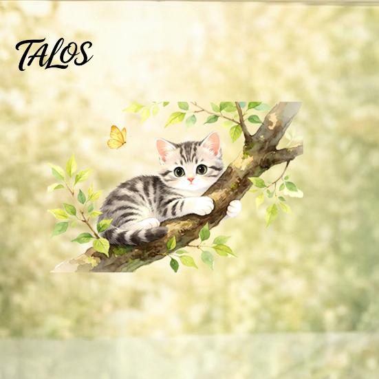 Electrostatic Window Decal Cartoon Cat on The Tree Branch Cling, Cute Watercolor Clear Hair Texture Sticker Butterflies Plants for Kids Room Bathroom