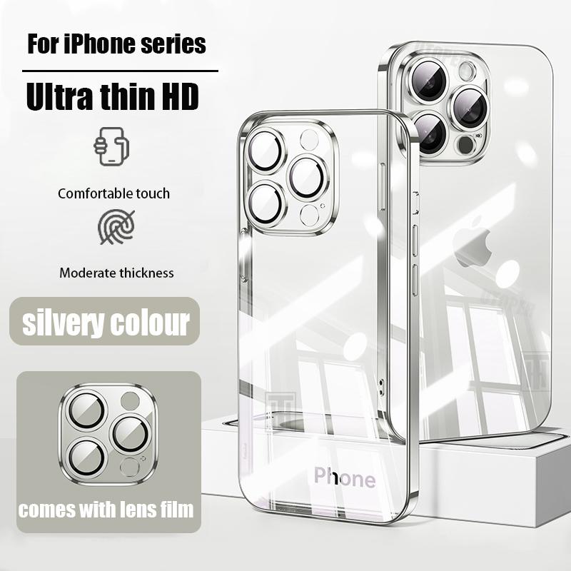 New Ultra Thin Transparent Comes with Lens Film Phone Case for iPhone 16 15 14 13 12 11 Pro Max 16 Plus Plating Shockproof Cover