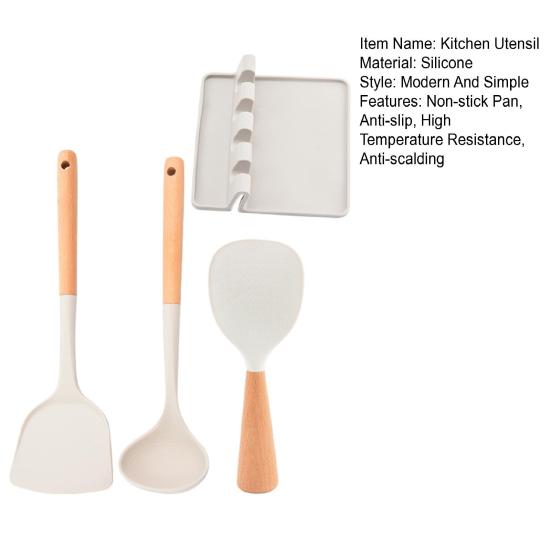 4-delat köksredskapsset Multifunktionell silikonspatel Soppslev Rislev med förvaringsbricka Värmetåliga matlagningsverktyg för stekning servering