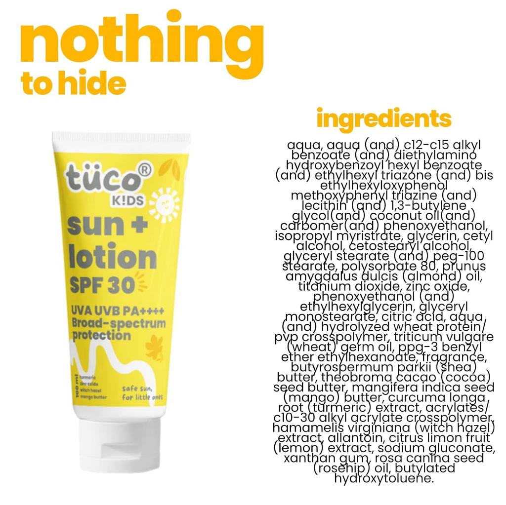 Tuco® Kids 2 in 1 Sunscreen + Body Lotion with SPF 30 | Turmeric, Licorice, Mango Butter | UVA/UVB PA++++ | Ages 2-5, 5-10, 10-15 | 100 ml (Pack of 2)