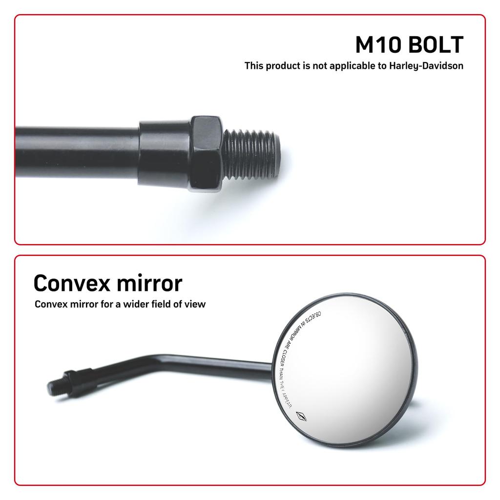 WTZMOTO Motorcycle Rearview Mirror Black - 10mm Handlebar Dual Sport Mirror