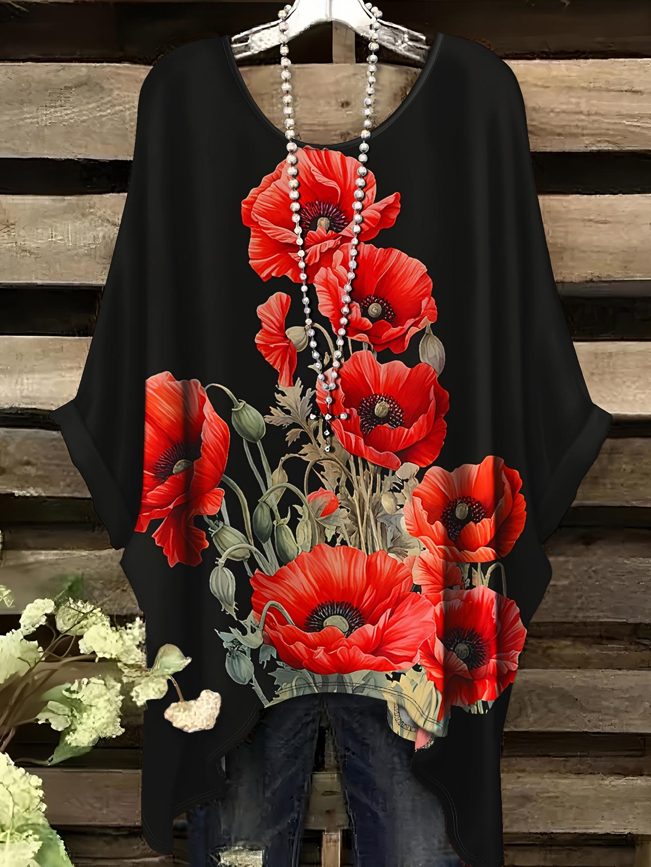 

Plus Size - Women S Plus Size Floral Print T-Shirt - Vibrant Red Poppies & Green Leaves 5XL