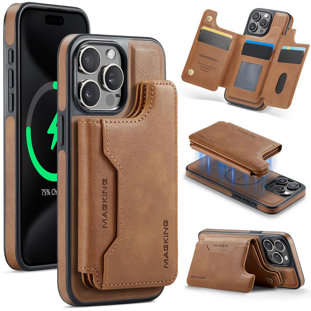 MAGKING K3 Series For iPhone 15 Pro Case Compatible with MagSafe Wallet PC+TPU+PU Phone Cover