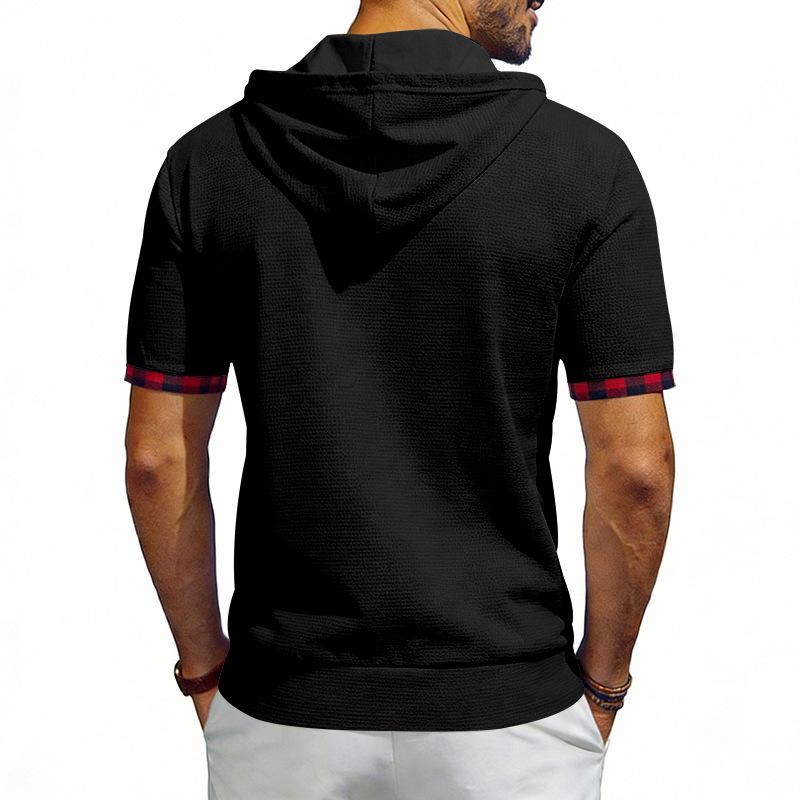 Men's Hooded T-Shirt Short Sleeve Contrast Plaid Cuff Drawstring Breathable Casual Pullover Tops Summer Hooded Tees Men