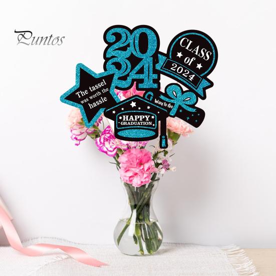5Pcs/Set The Class of 2024 Glitter Graduation Centerpiece Sticks Set Table Vase Toppers Graduation Party Decor