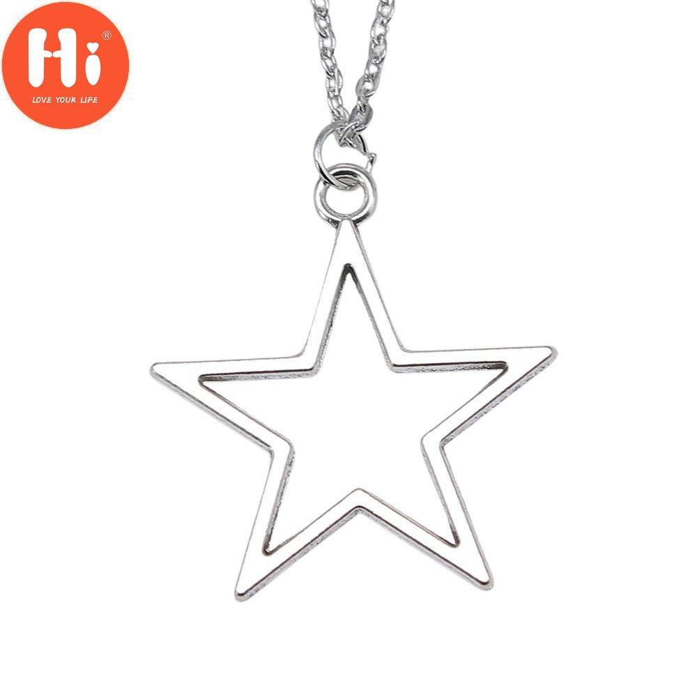 Hi New Simple Vintage Antique Silver Color Hollow Star Pendant Necklace for Women Girls Fashion Five-pointed Star Jewelry