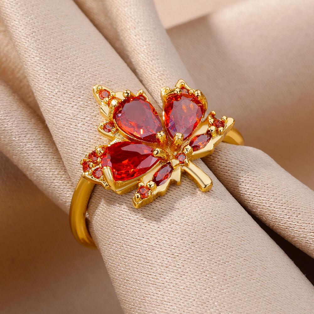 Zircon Maple Leaf Rings For Women Stainless Steel Gold Color Opening Plant Ring Fashion Korean Wedding Party Jewerly Gift
