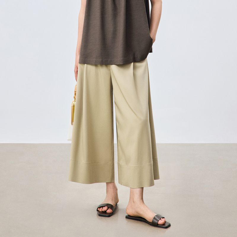 

Whale Hulyocell Large Pleated Design High Waist Loose Pants Female 2025 Summer Commute Loose Eight Points Straight-Leg Pants Khaki S