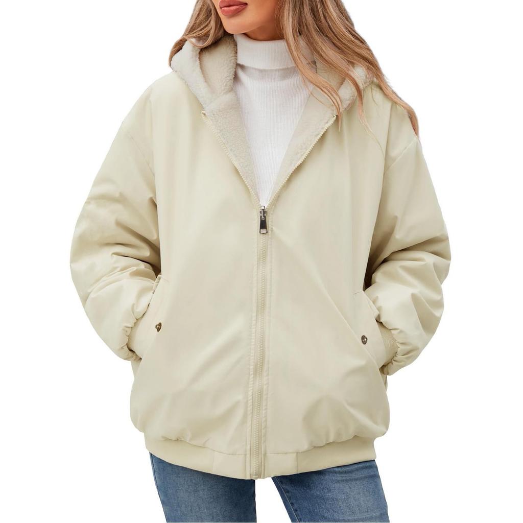 Damska Polarowa Zimowa Kurtka Bluza z Kapturem Dwustronna Długi Rękaw Casualowa Bluza Płaszcz z Kieszeniami