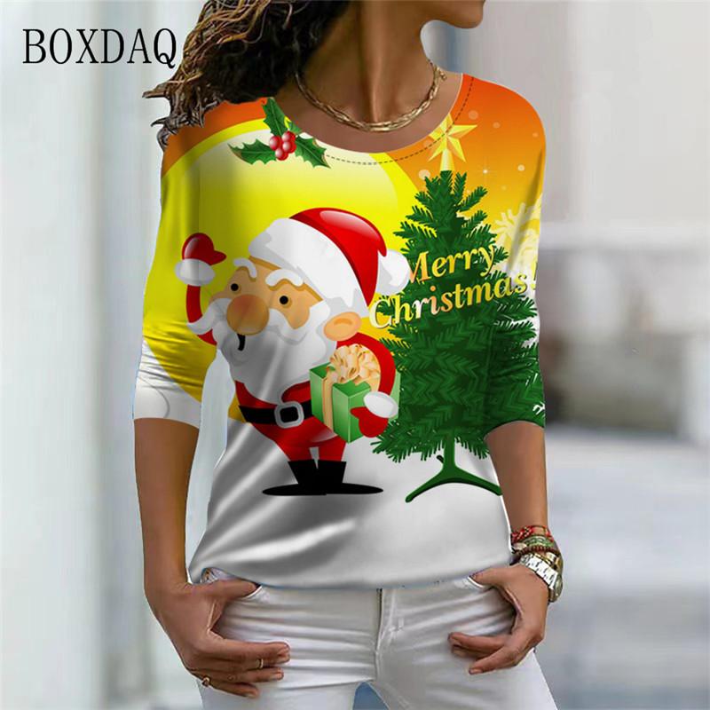 Santa Claus And Snowman Pattern Women Streetwear T-shirts Autumn Winter Long Sleeve 3d Print Christmas Style Ladies Casual Tops
