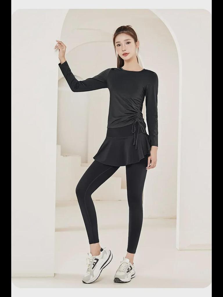 Two-Piece Women's Yoga Skirt Set: Long Sleeve Sports Top for Running, Fitness, and Pilates