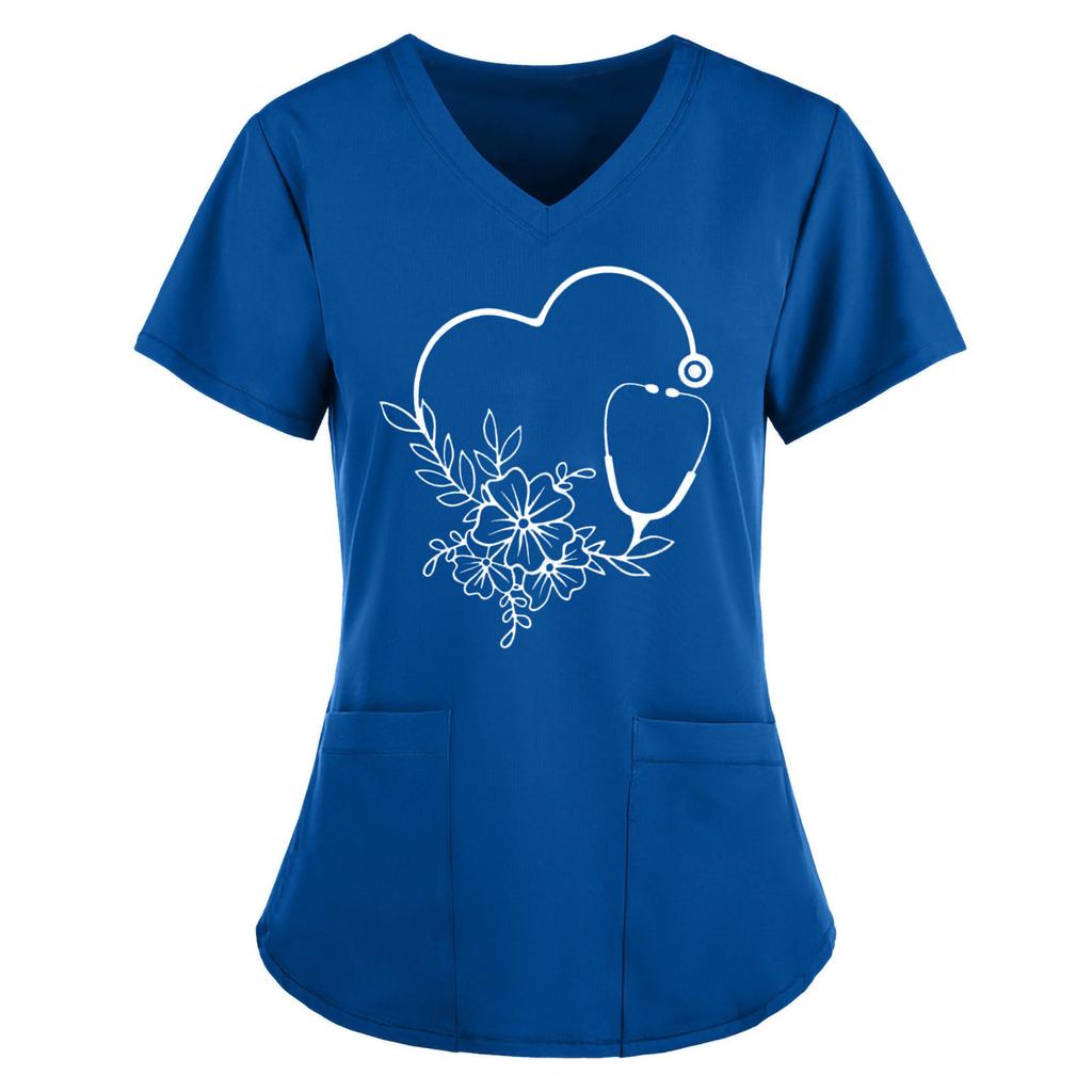 Women Short Sleeve V-neck Tops Working  Solid Color Pocket Blouse