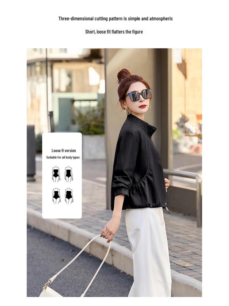 2025 Spring Women's Solid Color Loose PU Leather Stand Collar Jacket Coat Z8805