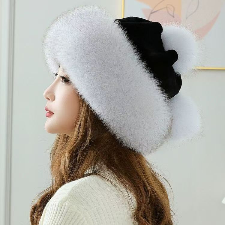 Mink imitation fox fur hat women's winter warm ear protection Baotou beret middle-aged and elderly mother style snow Mongolian hat