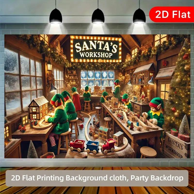 1pc2D flat, Christmas workshop elf working background banner for home, party, studio and office decoration, no power required ws