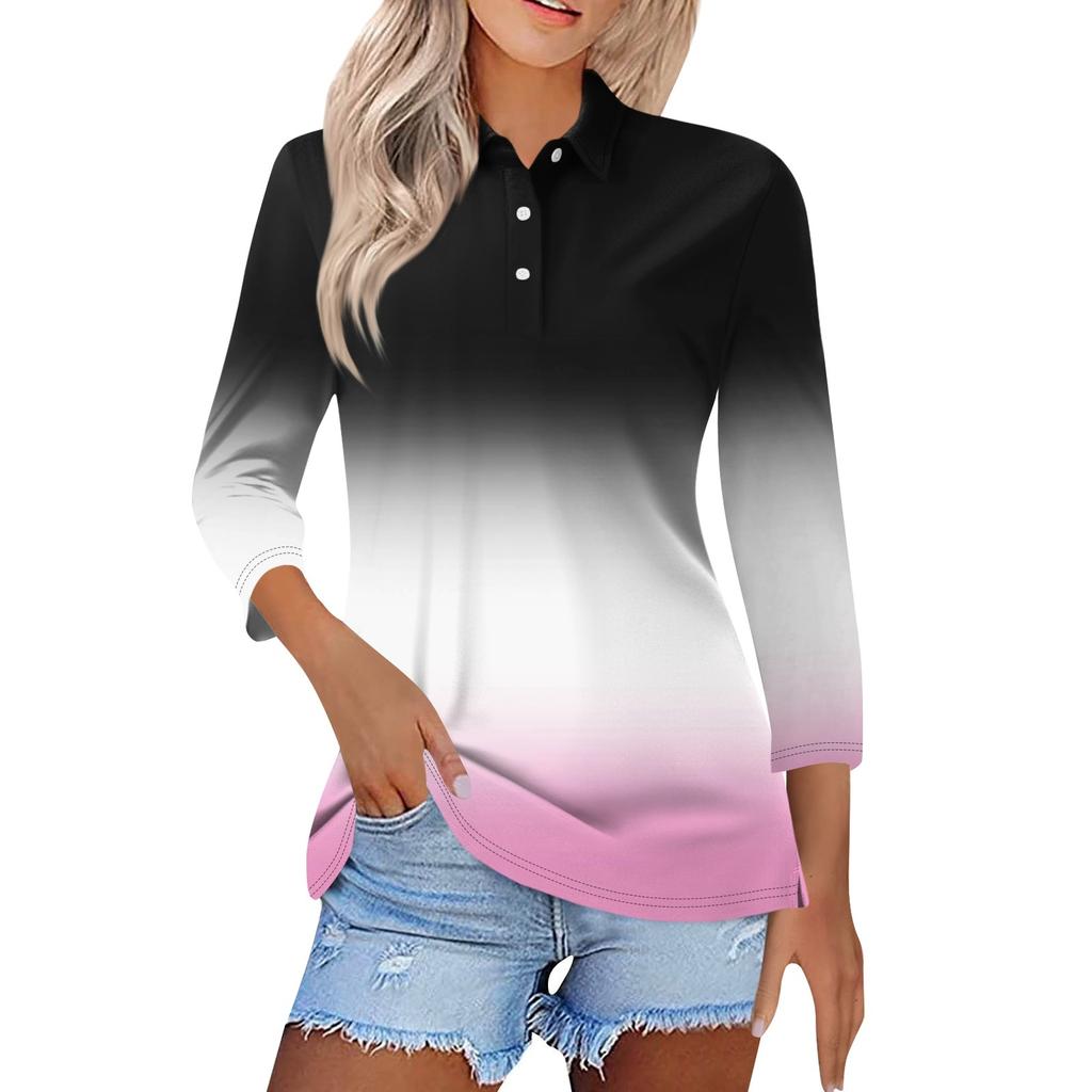 Women's Fashion Casual Lapel Short 3/4 Sleeve Printed Shirt Women's Button Up Tops