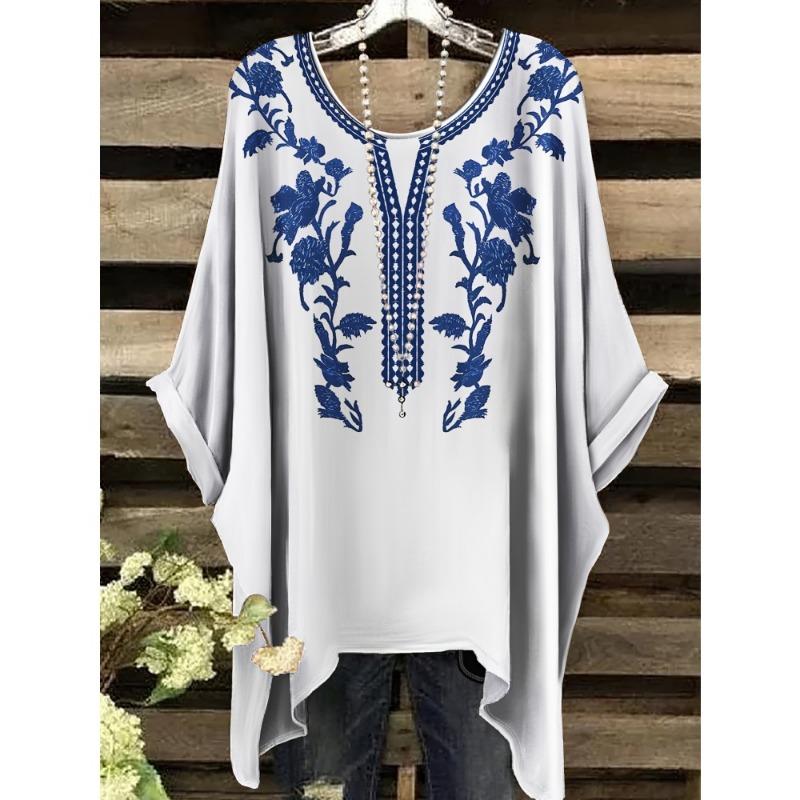 Women T-Shirts Bohemian Vacation Simple Pattern Print Tops Irregular Hemp Round Neck Fashion Versatile Short Sleeve Y2k Clothes