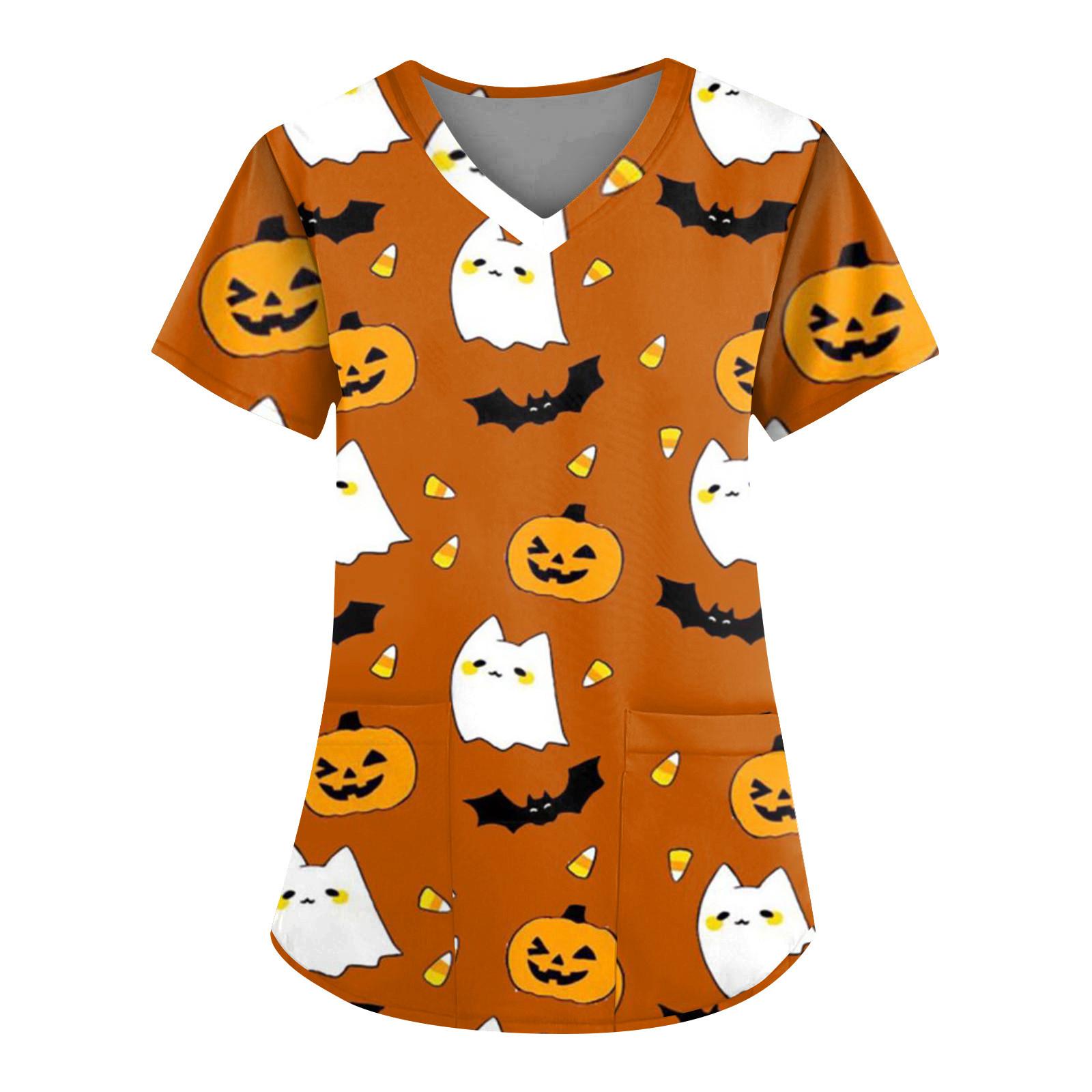 

Женская мода повседневный топ с v-образным вырезом и короткими рукавами на Хэллоуин с карманами и принтом M оранжевый