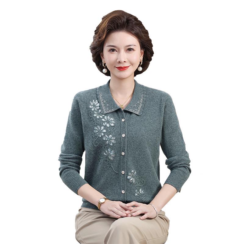 Luxury 100% Pure Wool Embroidered Cardigan for Mothers and Grandmothers - Mid-aged & Elderly Women's Lapel Sweater