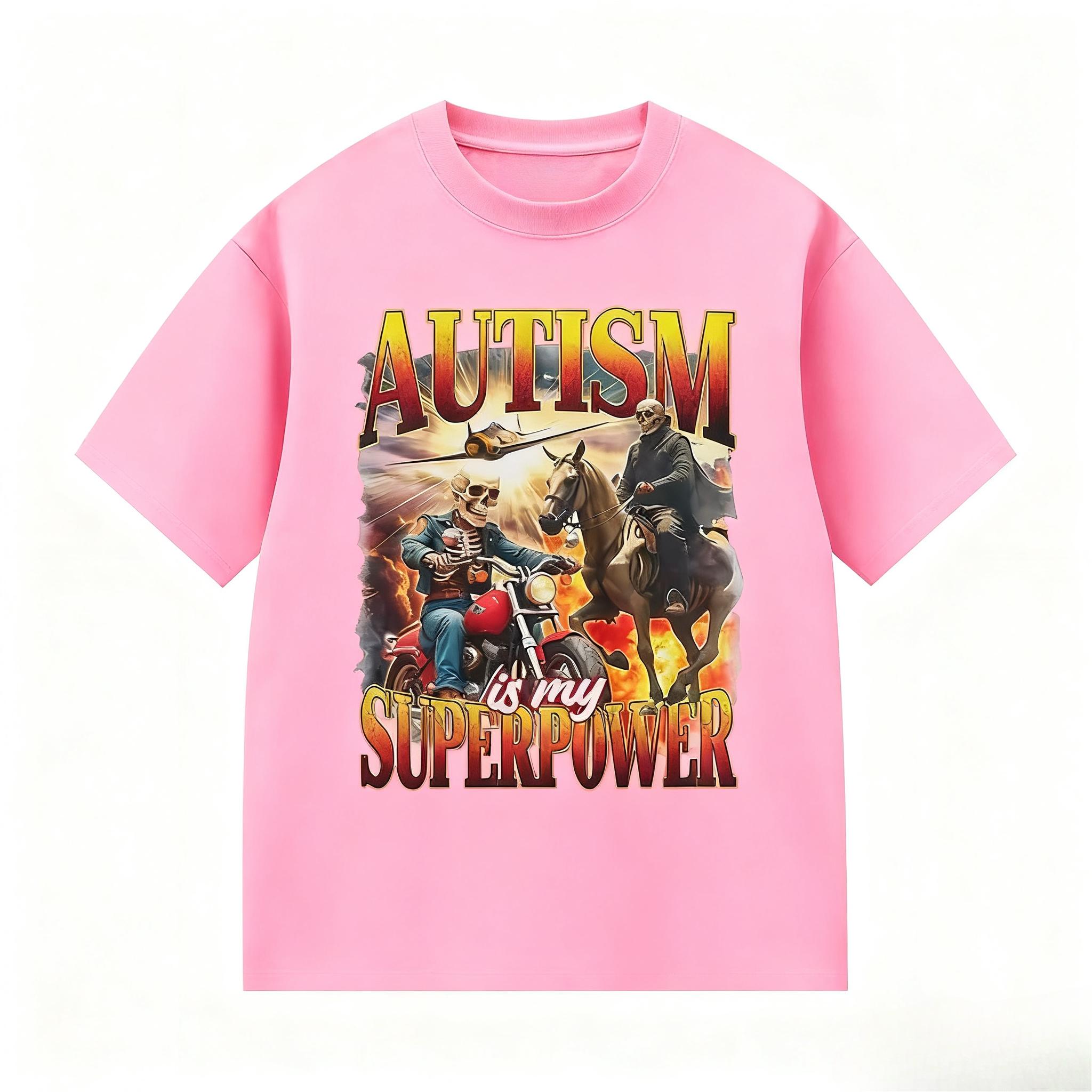 

Autism Is My Superpower Gothic Pattern T-Shirt Fun Casual Cute Bicycle Short-Sleeve T-Shirt Summer Round Neck T-Shirt Unisex S